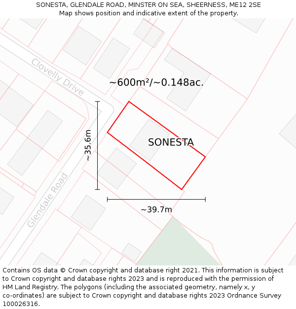 SONESTA, GLENDALE ROAD, MINSTER ON SEA, SHEERNESS, ME12 2SE: Plot and title map