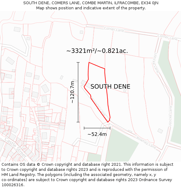 SOUTH DENE, COMERS LANE, COMBE MARTIN, ILFRACOMBE, EX34 0JN: Plot and title map