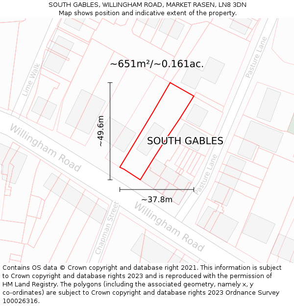 SOUTH GABLES, WILLINGHAM ROAD, MARKET RASEN, LN8 3DN: Plot and title map