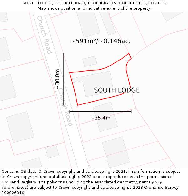 SOUTH LODGE, CHURCH ROAD, THORRINGTON, COLCHESTER, CO7 8HS: Plot and title map