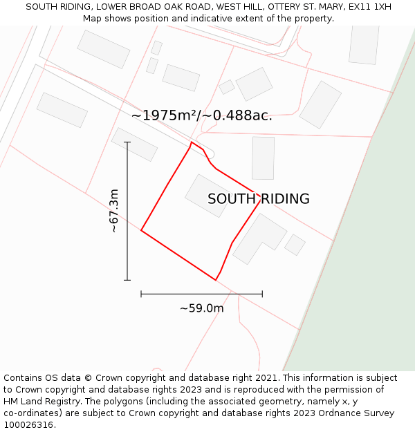 SOUTH RIDING, LOWER BROAD OAK ROAD, WEST HILL, OTTERY ST. MARY, EX11 1XH: Plot and title map