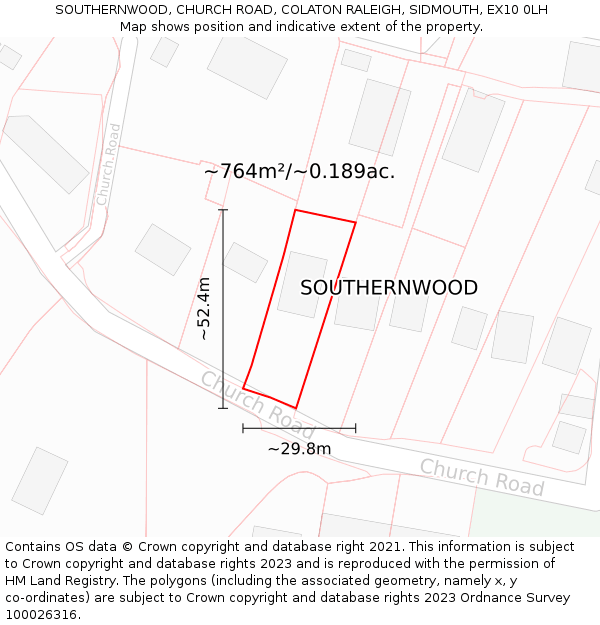 SOUTHERNWOOD, CHURCH ROAD, COLATON RALEIGH, SIDMOUTH, EX10 0LH: Plot and title map