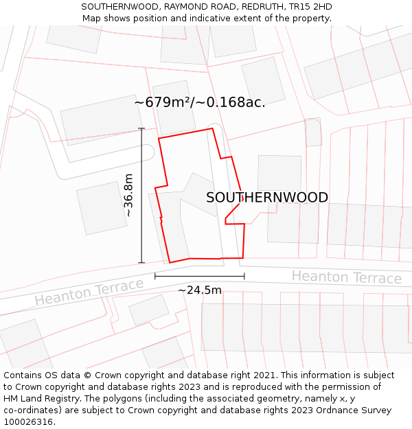 SOUTHERNWOOD, RAYMOND ROAD, REDRUTH, TR15 2HD: Plot and title map