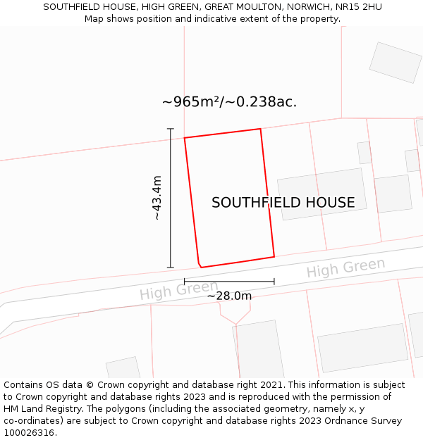 SOUTHFIELD HOUSE, HIGH GREEN, GREAT MOULTON, NORWICH, NR15 2HU: Plot and title map