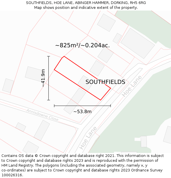 SOUTHFIELDS, HOE LANE, ABINGER HAMMER, DORKING, RH5 6RG: Plot and title map