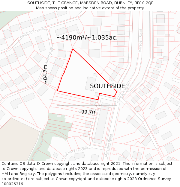 SOUTHSIDE, THE GRANGE, MARSDEN ROAD, BURNLEY, BB10 2QP: Plot and title map