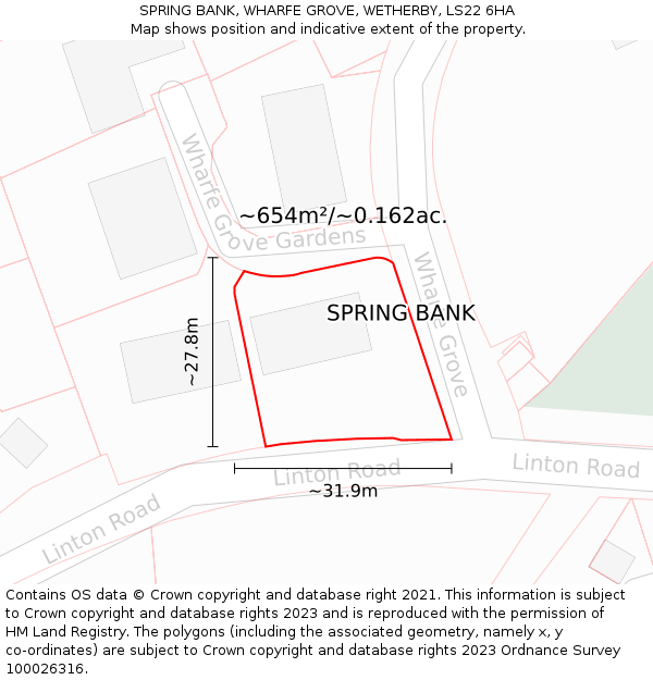 SPRING BANK, WHARFE GROVE, WETHERBY, LS22 6HA: Plot and title map