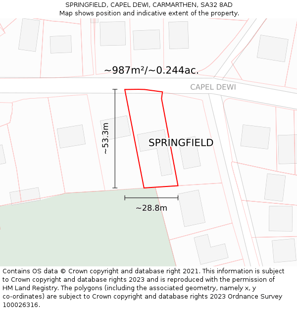 SPRINGFIELD, CAPEL DEWI, CARMARTHEN, SA32 8AD: Plot and title map