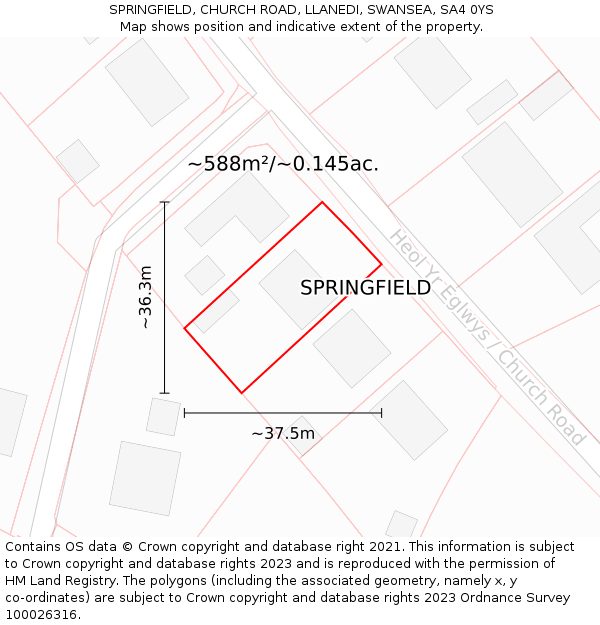 SPRINGFIELD, CHURCH ROAD, LLANEDI, SWANSEA, SA4 0YS: Plot and title map