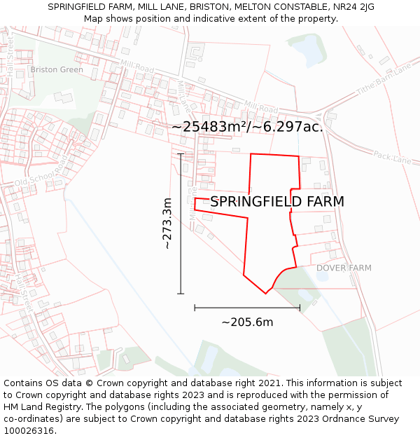 SPRINGFIELD FARM, MILL LANE, BRISTON, MELTON CONSTABLE, NR24 2JG: Plot and title map