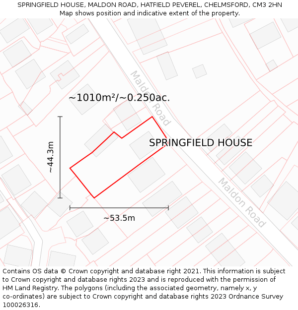 SPRINGFIELD HOUSE, MALDON ROAD, HATFIELD PEVEREL, CHELMSFORD, CM3 2HN: Plot and title map