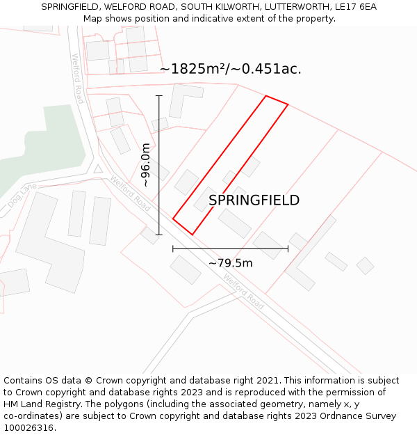 SPRINGFIELD, WELFORD ROAD, SOUTH KILWORTH, LUTTERWORTH, LE17 6EA: Plot and title map