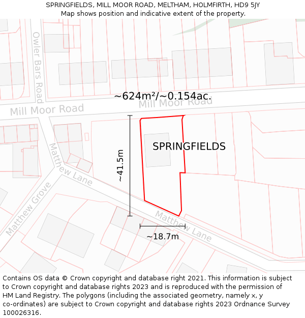 SPRINGFIELDS, MILL MOOR ROAD, MELTHAM, HOLMFIRTH, HD9 5JY: Plot and title map