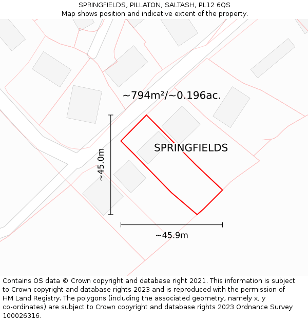 SPRINGFIELDS, PILLATON, SALTASH, PL12 6QS: Plot and title map