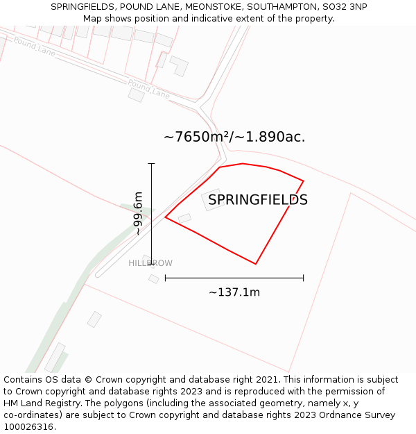 SPRINGFIELDS, POUND LANE, MEONSTOKE, SOUTHAMPTON, SO32 3NP: Plot and title map