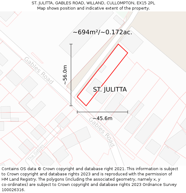 ST. JULITTA, GABLES ROAD, WILLAND, CULLOMPTON, EX15 2PL: Plot and title map