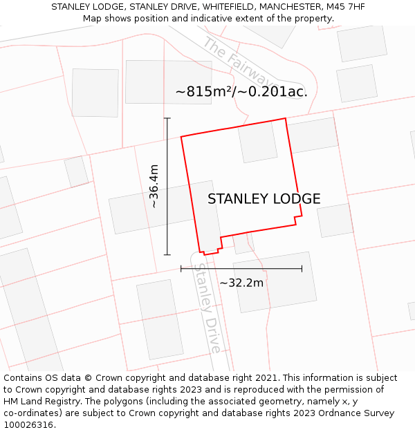 STANLEY LODGE, STANLEY DRIVE, WHITEFIELD, MANCHESTER, M45 7HF: Plot and title map