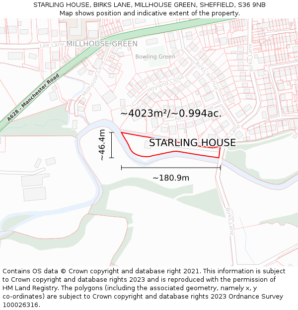 STARLING HOUSE, BIRKS LANE, MILLHOUSE GREEN, SHEFFIELD, S36 9NB: Plot and title map