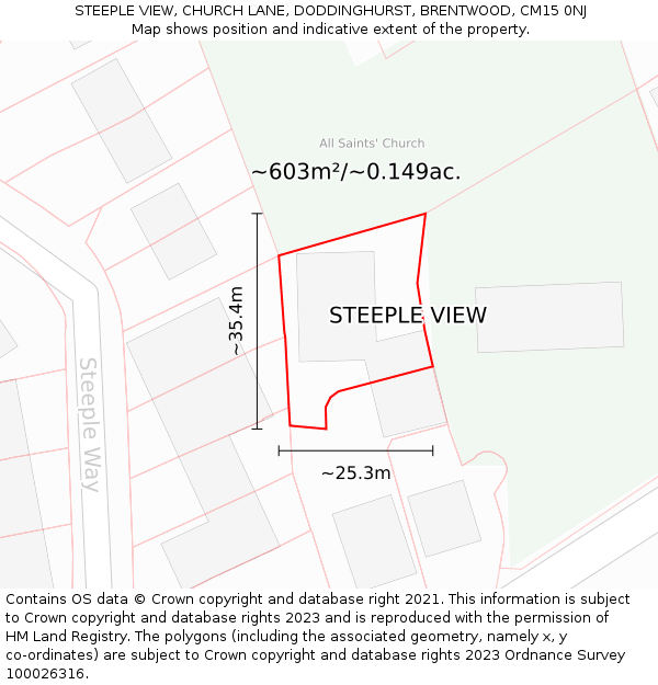 STEEPLE VIEW, CHURCH LANE, DODDINGHURST, BRENTWOOD, CM15 0NJ: Plot and title map