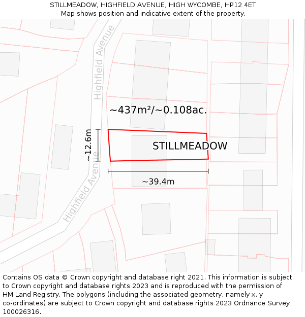 STILLMEADOW, HIGHFIELD AVENUE, HIGH WYCOMBE, HP12 4ET: Plot and title map