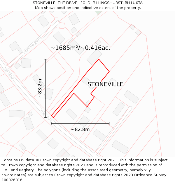 STONEVILLE, THE DRIVE, IFOLD, BILLINGSHURST, RH14 0TA: Plot and title map