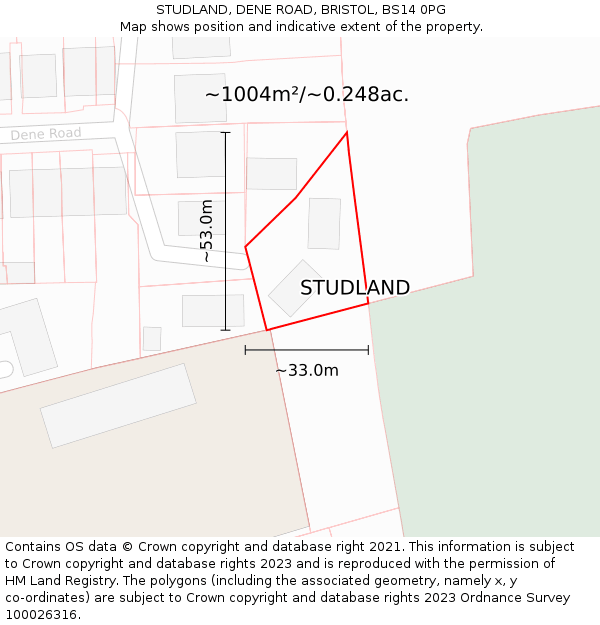 STUDLAND, DENE ROAD, BRISTOL, BS14 0PG: Plot and title map