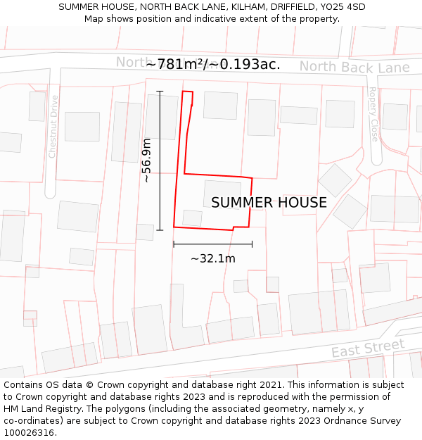 SUMMER HOUSE, NORTH BACK LANE, KILHAM, DRIFFIELD, YO25 4SD: Plot and title map