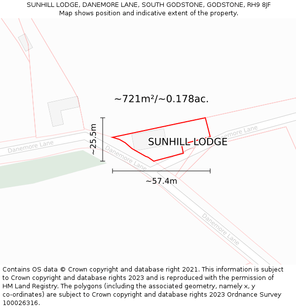 SUNHILL LODGE, DANEMORE LANE, SOUTH GODSTONE, GODSTONE, RH9 8JF: Plot and title map