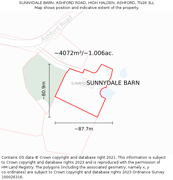 SUNNYDALE BARN, ASHFORD ROAD, HIGH HALDEN, ASHFORD, TN26 3LL: Plot and title map