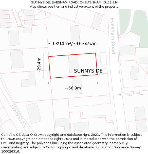 SUNNYSIDE, EVESHAM ROAD, CHELTENHAM, GL52 3JN: Plot and title map