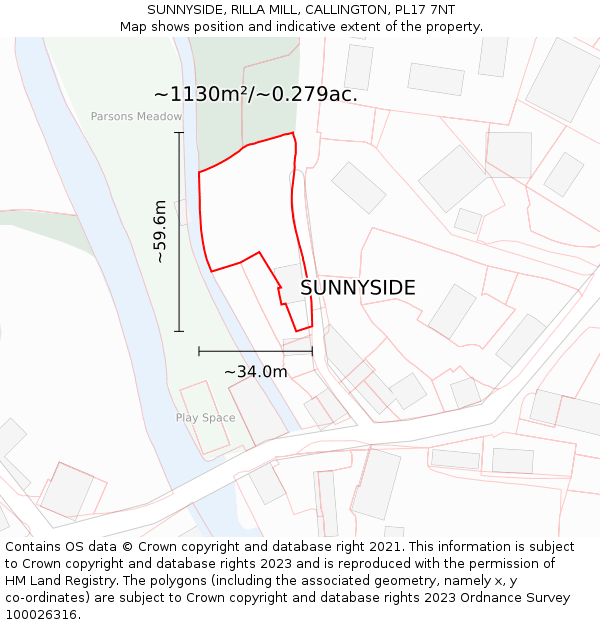 SUNNYSIDE, RILLA MILL, CALLINGTON, PL17 7NT: Plot and title map