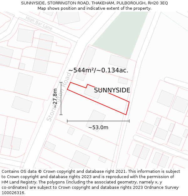 SUNNYSIDE, STORRINGTON ROAD, THAKEHAM, PULBOROUGH, RH20 3EQ: Plot and title map