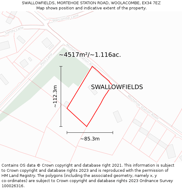 SWALLOWFIELDS, MORTEHOE STATION ROAD, WOOLACOMBE, EX34 7EZ: Plot and title map