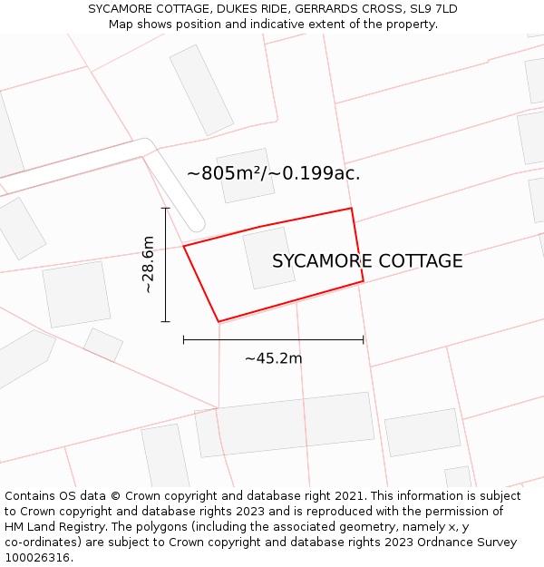 SYCAMORE COTTAGE, DUKES RIDE, GERRARDS CROSS, SL9 7LD: Plot and title map