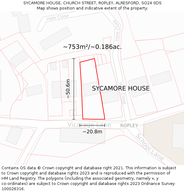 SYCAMORE HOUSE, CHURCH STREET, ROPLEY, ALRESFORD, SO24 0DS: Plot and title map