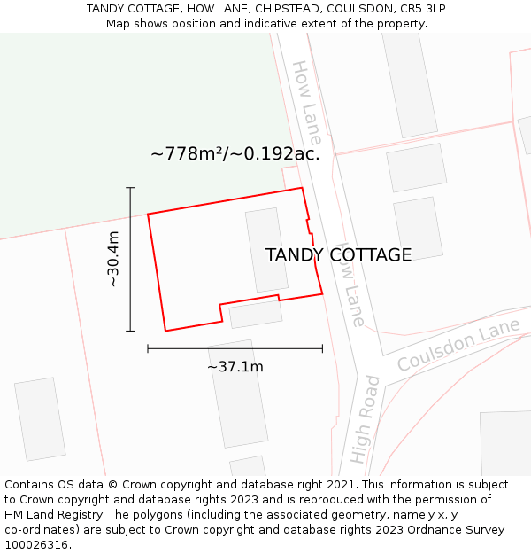 TANDY COTTAGE, HOW LANE, CHIPSTEAD, COULSDON, CR5 3LP: Plot and title map