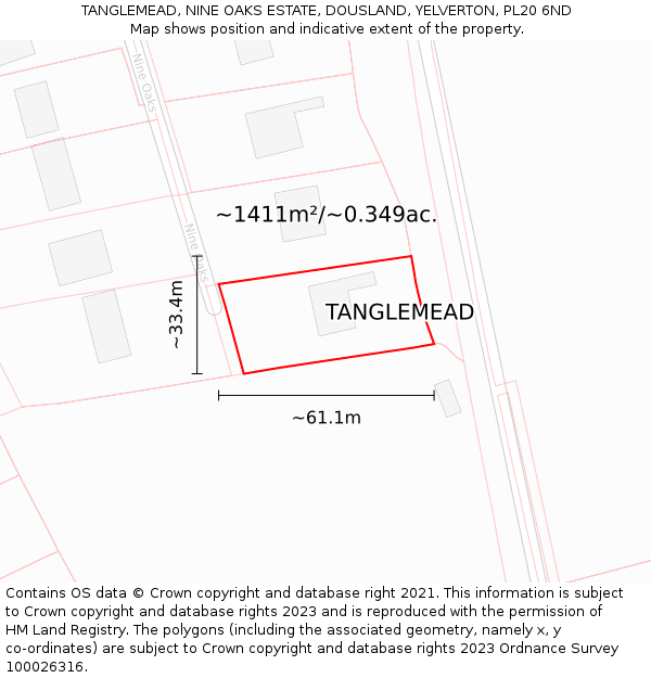 TANGLEMEAD, NINE OAKS ESTATE, DOUSLAND, YELVERTON, PL20 6ND: Plot and title map