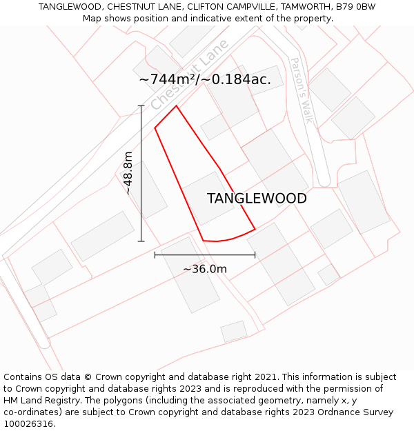 TANGLEWOOD, CHESTNUT LANE, CLIFTON CAMPVILLE, TAMWORTH, B79 0BW: Plot and title map