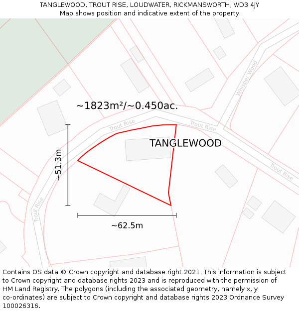 TANGLEWOOD, TROUT RISE, LOUDWATER, RICKMANSWORTH, WD3 4JY: Plot and title map