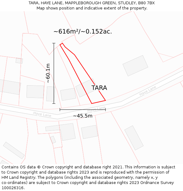 TARA, HAYE LANE, MAPPLEBOROUGH GREEN, STUDLEY, B80 7BX: Plot and title map