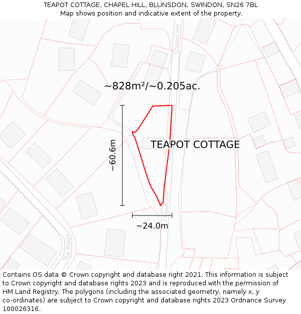 TEAPOT COTTAGE, CHAPEL HILL, BLUNSDON, SWINDON, SN26 7BL: Plot and title map