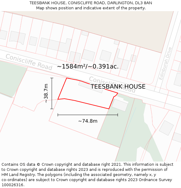 TEESBANK HOUSE, CONISCLIFFE ROAD, DARLINGTON, DL3 8AN: Plot and title map