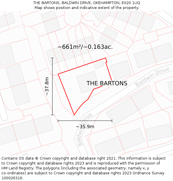 THE BARTONS, BALDWIN DRIVE, OKEHAMPTON, EX20 1UQ: Plot and title map