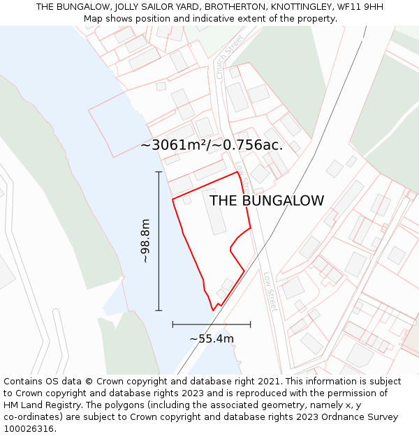 THE BUNGALOW, JOLLY SAILOR YARD, BROTHERTON, KNOTTINGLEY, WF11 9HH: Plot and title map