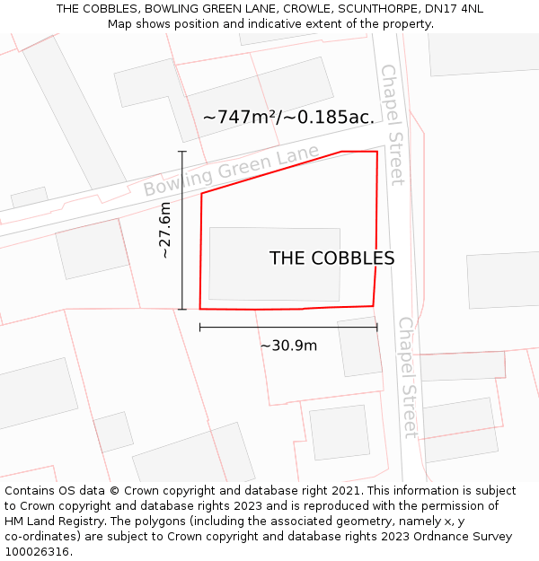 THE COBBLES, BOWLING GREEN LANE, CROWLE, SCUNTHORPE, DN17 4NL: Plot and title map