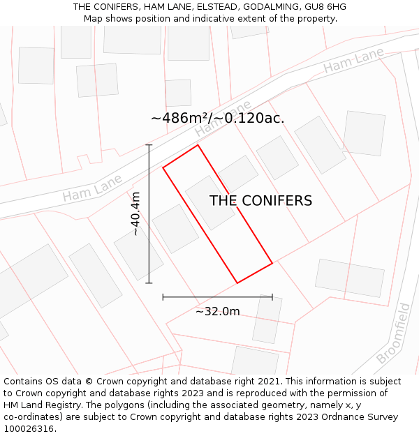 THE CONIFERS, HAM LANE, ELSTEAD, GODALMING, GU8 6HG: Plot and title map