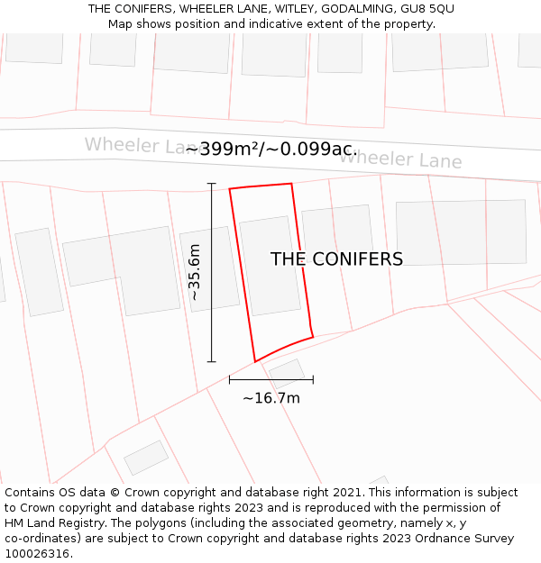 THE CONIFERS, WHEELER LANE, WITLEY, GODALMING, GU8 5QU: Plot and title map