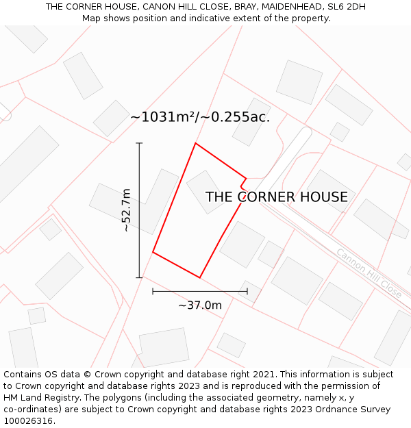 THE CORNER HOUSE, CANON HILL CLOSE, BRAY, MAIDENHEAD, SL6 2DH: Plot and title map