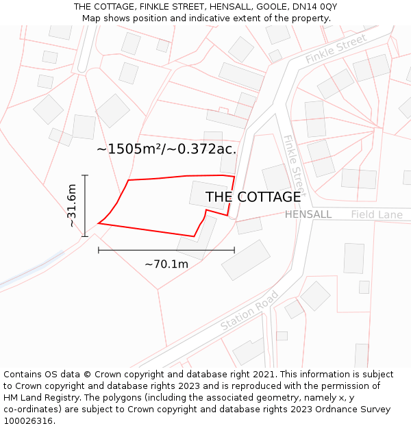 THE COTTAGE, FINKLE STREET, HENSALL, GOOLE, DN14 0QY: Plot and title map