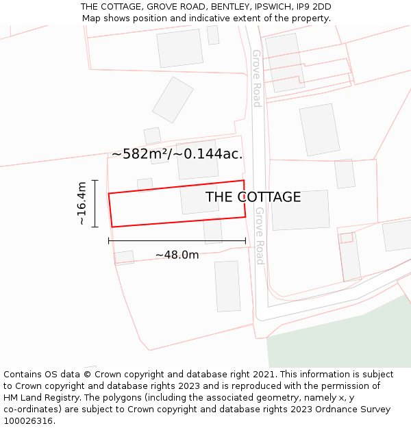 THE COTTAGE, GROVE ROAD, BENTLEY, IPSWICH, IP9 2DD: Plot and title map